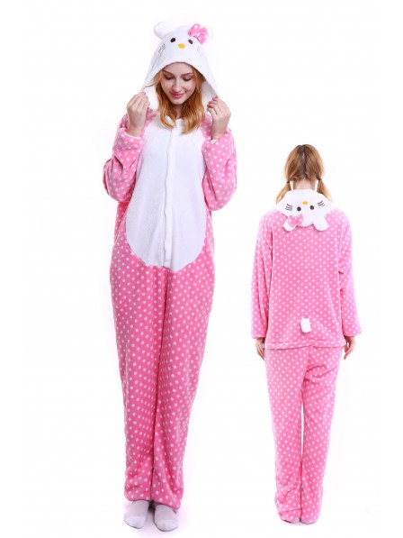 Pink Hello Kitty Kigurumi Onesie Pajamas Soft Flannel Unisex Animal Costumes