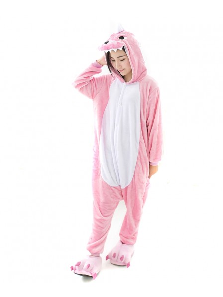 Pink Dinosaur Kigurumi Onesie Pajamas Soft Flannel Unisex Animal Costumes