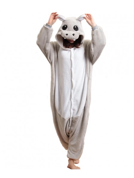 Grey Hippo Kigurumi Onesie Pajamas Soft Flannel Unisex Animal Costumes